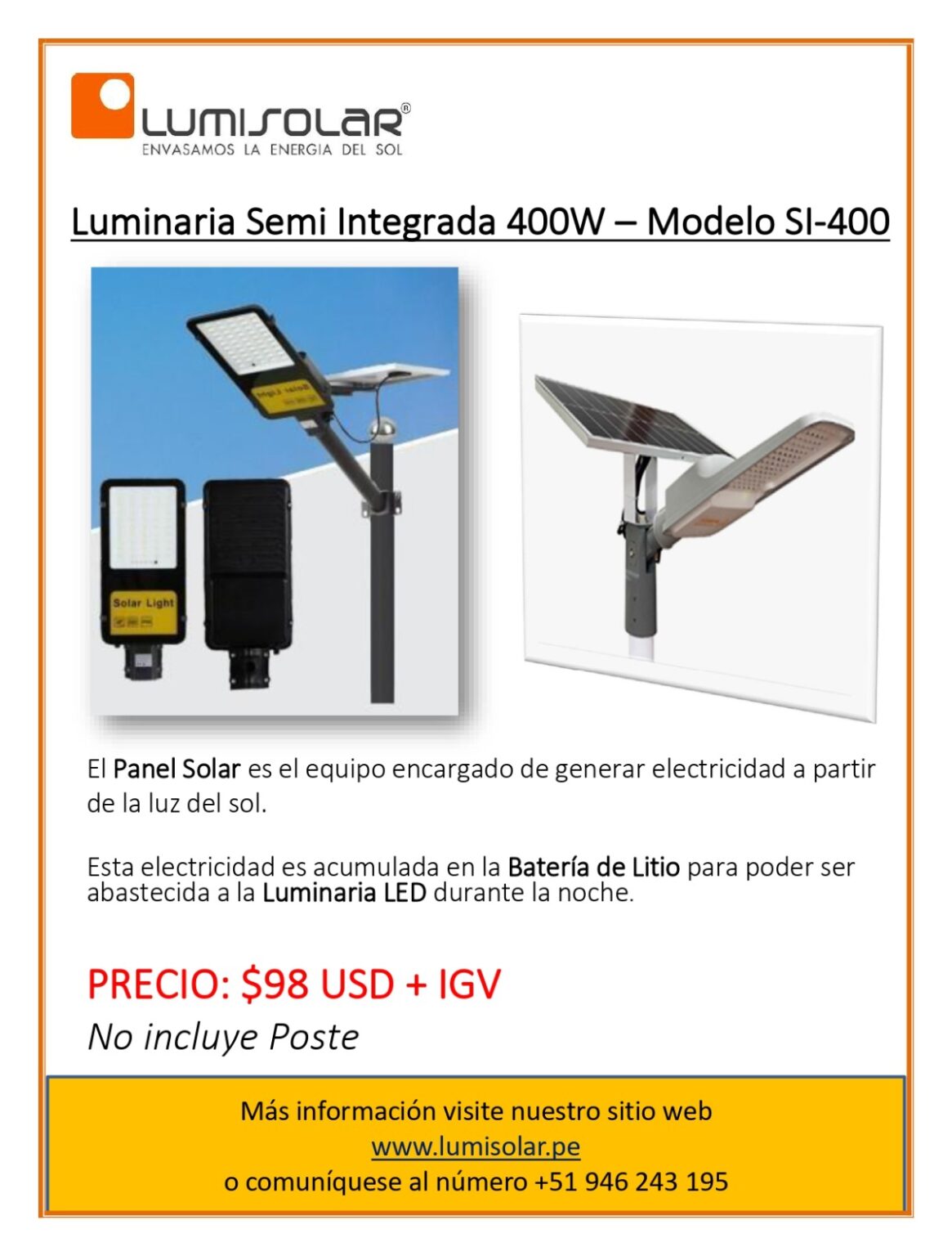 Luminaria Semi Integrada 400W LUMISOLAR Expertos en Energía Solar